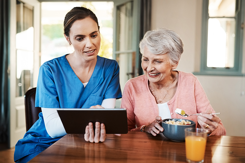 Tablet, consultation and nurse with senior woman